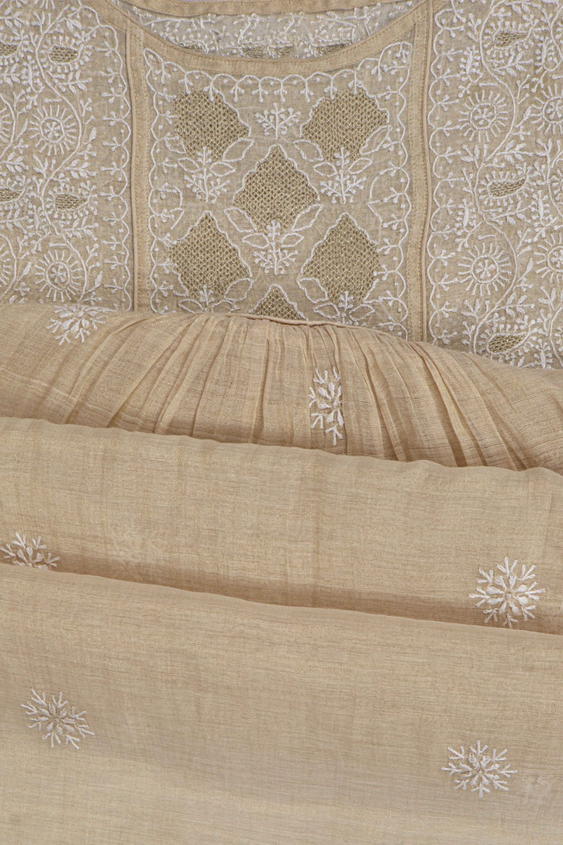 Ada Hand Embroidered Natural Fawn Tissue Lucknowi Chikankari Semi-Stitched Anarkali Kurta Dupatta Set 01A213937