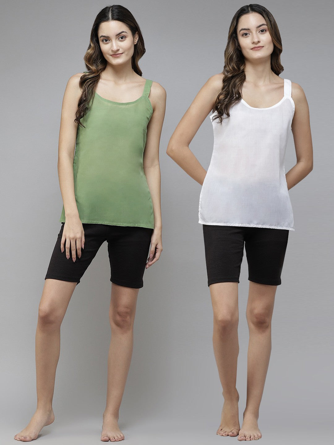 Ada White & Dark Green Cotton Short Slips Combo of 2 A111175.