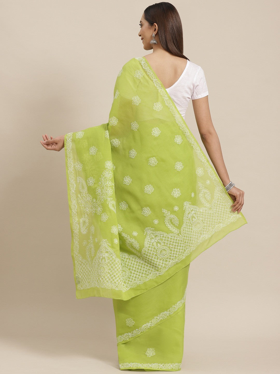 Ada Hand Embroidered Green Cotton Lucknow Chikan Saree With Blouse- A311161