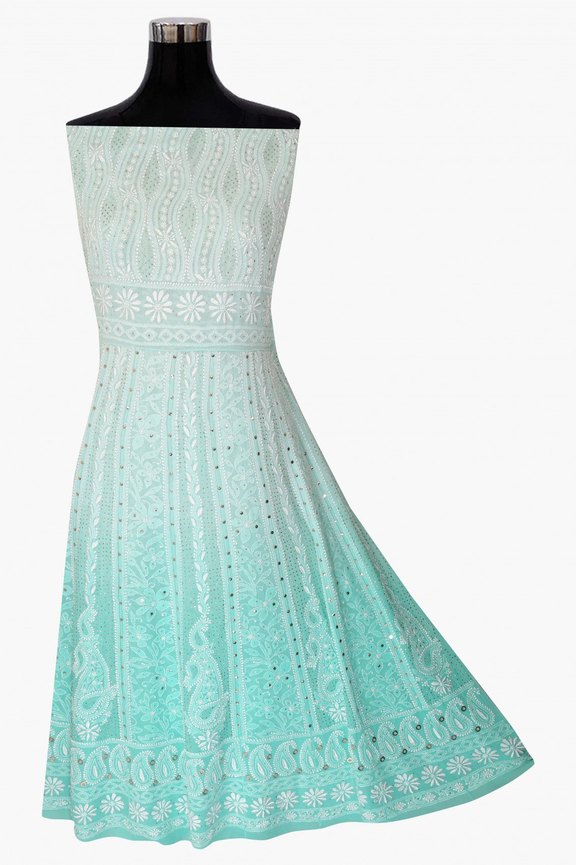 Ada Hand Embroidered Dual Shade Of Sea Green Pure Georgette Lucknowi Chikankari Semi-Stitched Anarkali Kurta Dupatta Set With Muqaish Work 01A313773