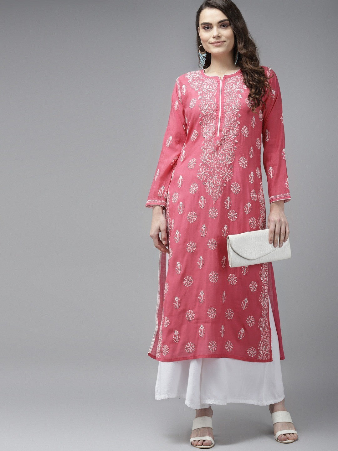 Ada Hand Embroidered Magenta Chanderi Lucknow Chikankari Straight Kurta A411341