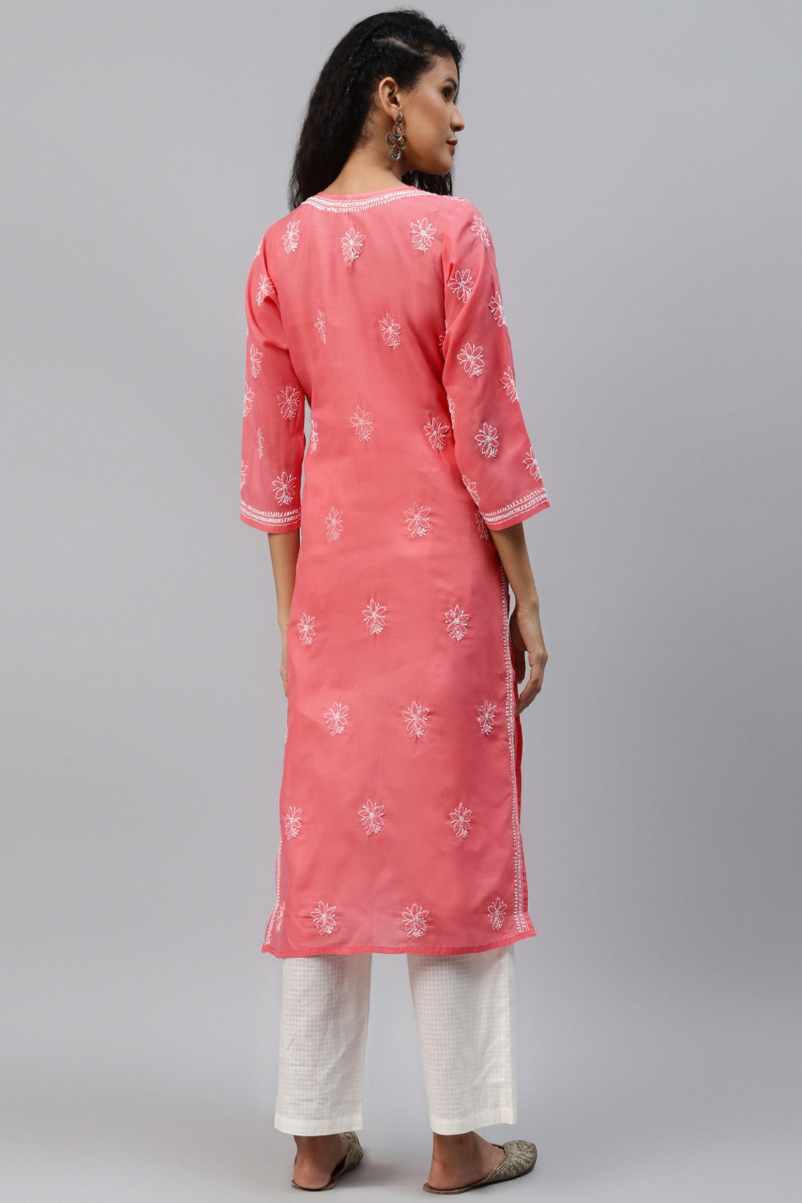 Ada Hand Embroidered Carrot Pink Cotton Lucknowi Chikankari Straight Kurta A411210