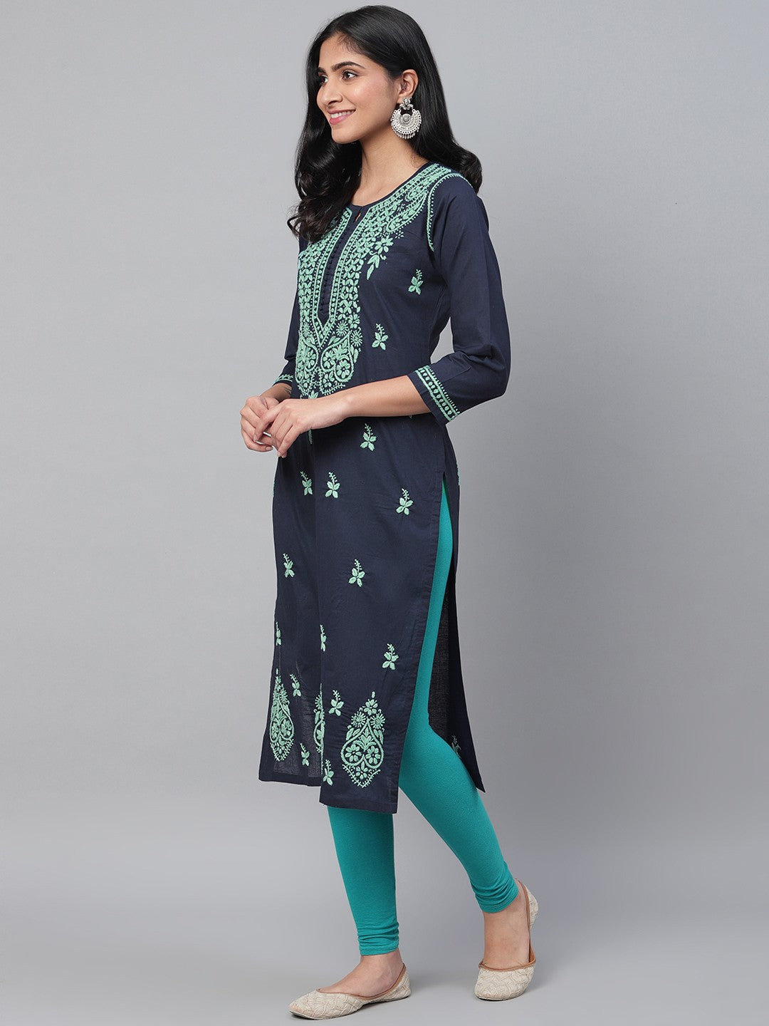 Ada Hand Embroidered Navy Blue Cotton Lucknowi Chikankari Straight Kurta A411119
