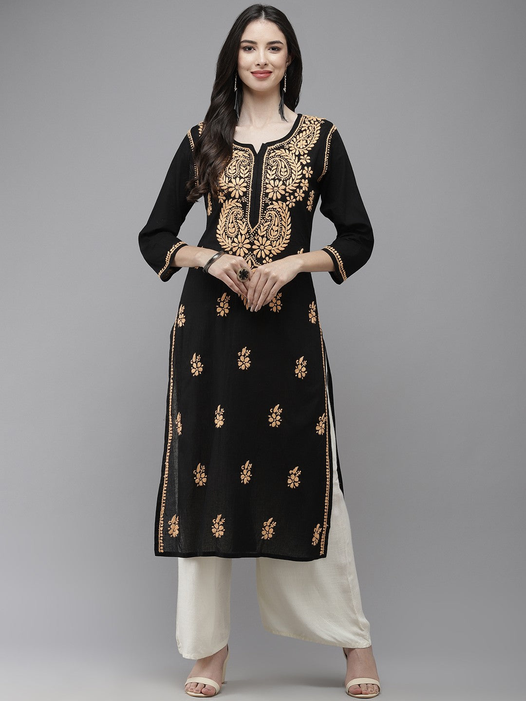 Ada Hand Embroidered Black Cotton Lucknow Chikankari Kurta A411276
