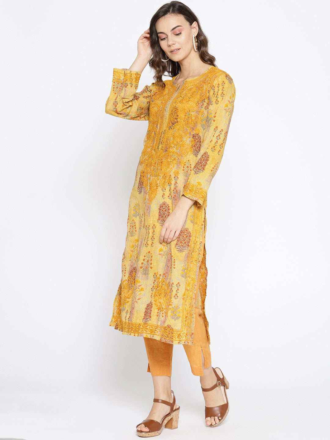 Ada Hand Embroidered Mustard Printed Cotton Chikan Kurta- A100060