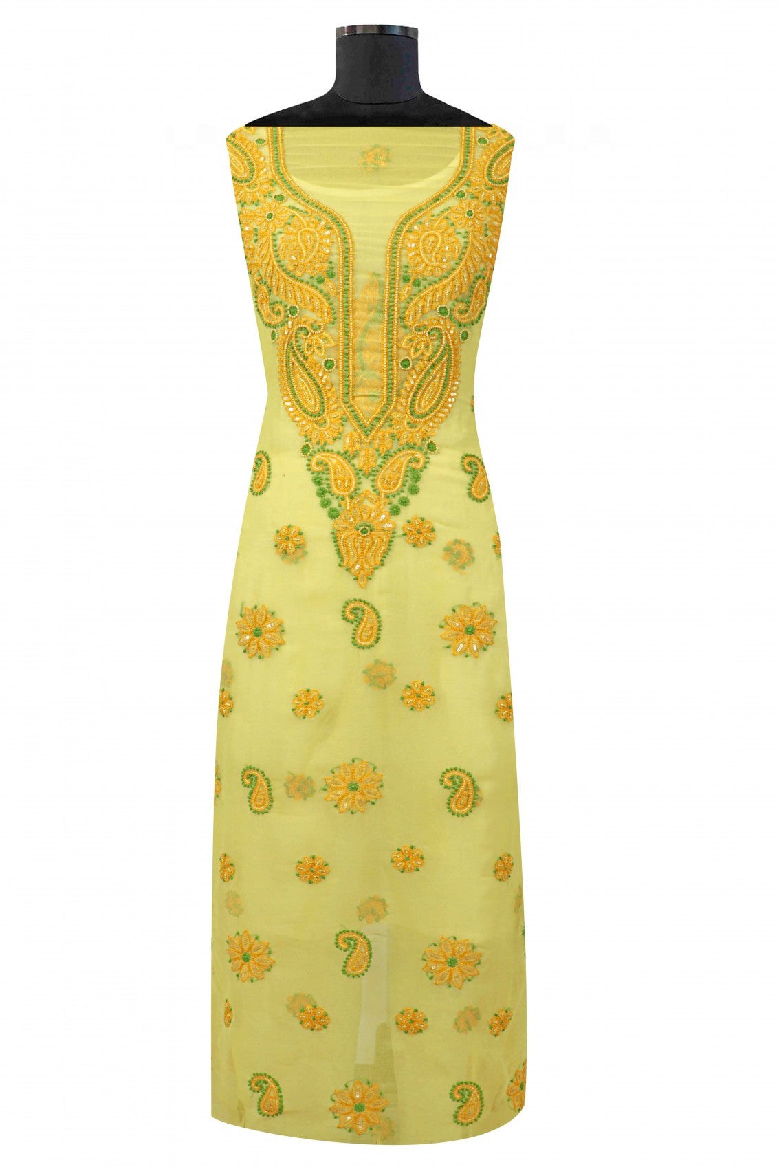 Ada Hand Embroidered Yellow Georgette Lucknowi Chikankari Unstitched Suit Piece With Pearl Work 01A41449