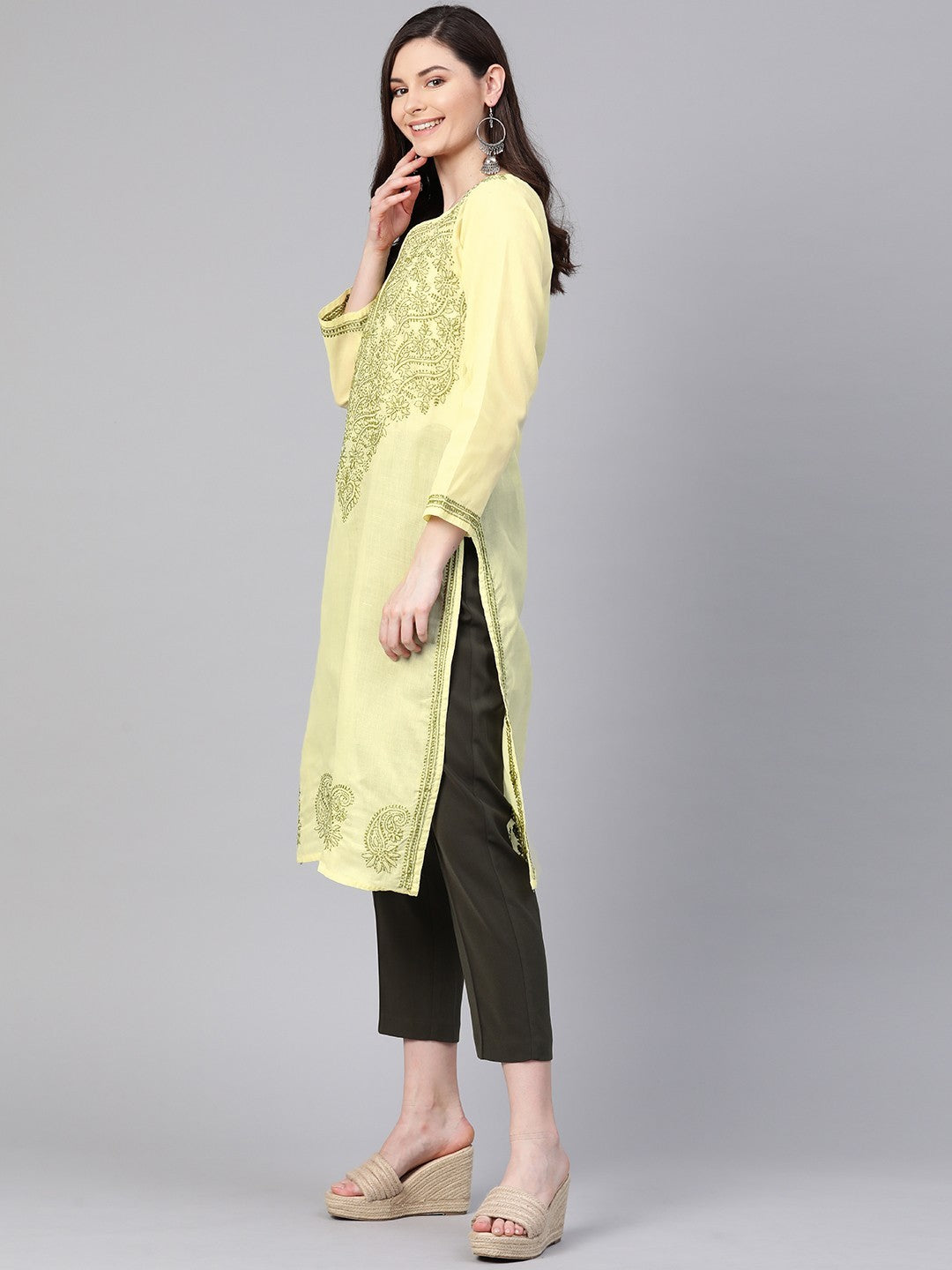 Ada Hand Embroidered Lemon Cotton Lucknowi Chikankari Kurta Straight A100370