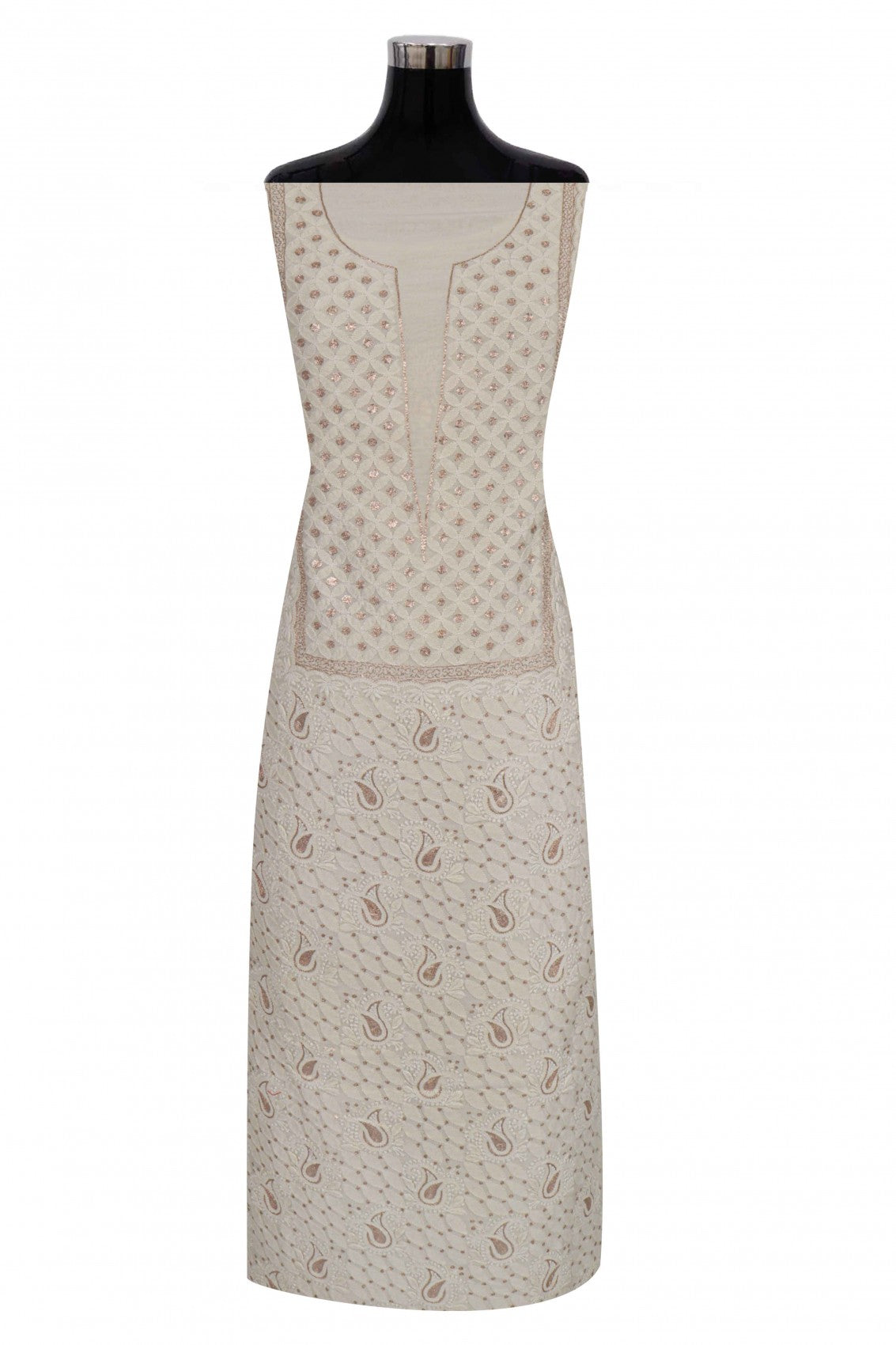 Ada Hand Embroidered Cream Chanderi Lucknowi Chikankari Unstitched Kurta Dupatta Set With Zari Work 01A105826