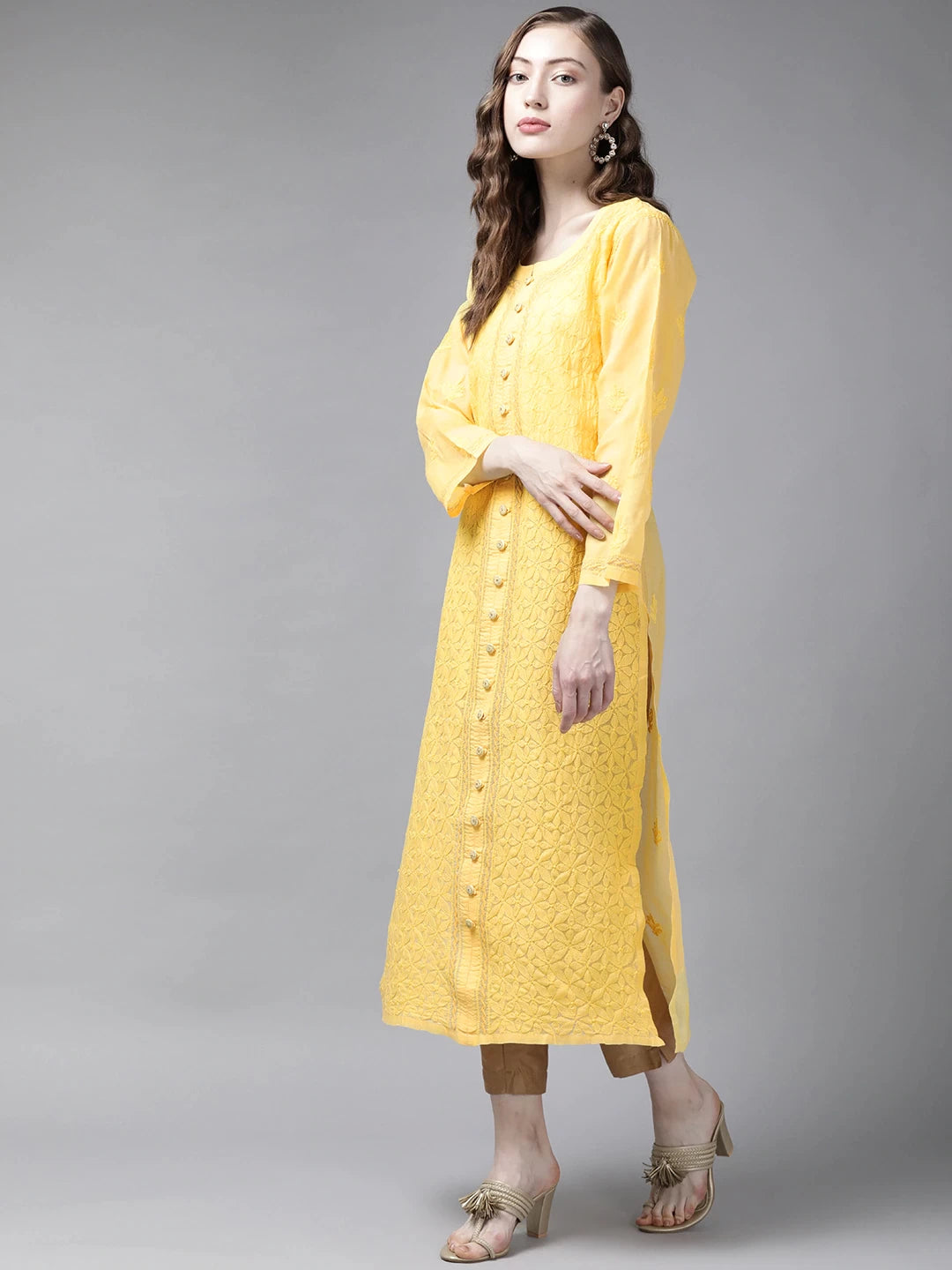 Ada Hand Embroidered Yellow Cotton Lucknow Chikan Straight Kurta A411247