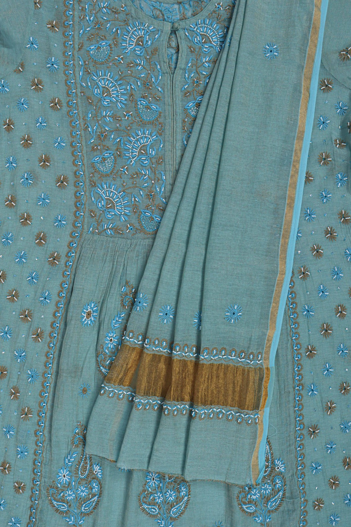 Ada Hand Embroidered Iceberg Blue Chanderi Lucknowi Chikankari Semi-Stitched Anarkali Kurta Dupatta Set With Pearl Work 01A197020