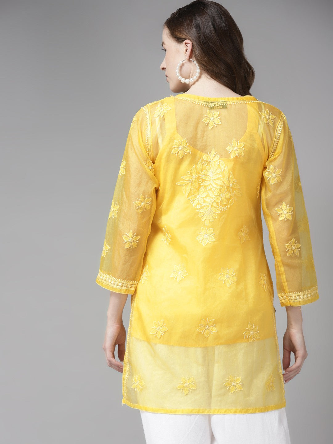 Ada Hand Embroidered Yellow Organza Lucknow Chikan Kurti With Slip-A911162