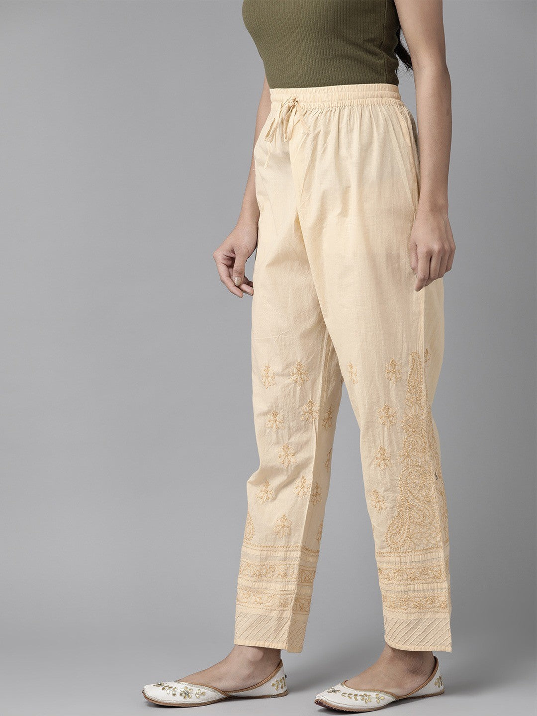 Ada Hand Embroidered Fawn Cotton Lucknowi Chikankari Palazzo A711132