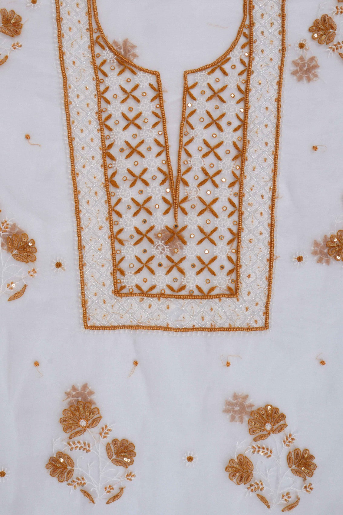 Ada Hand Embroidered White Organza Lucknowi Chikankari Unstitched Kurta Dupatta Set With Pearl Work 01A91594