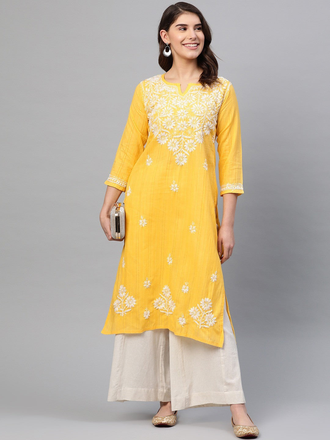 Ada Hand Embroidered Yellow Cotton Lucknow Chikankari Kurta A411166