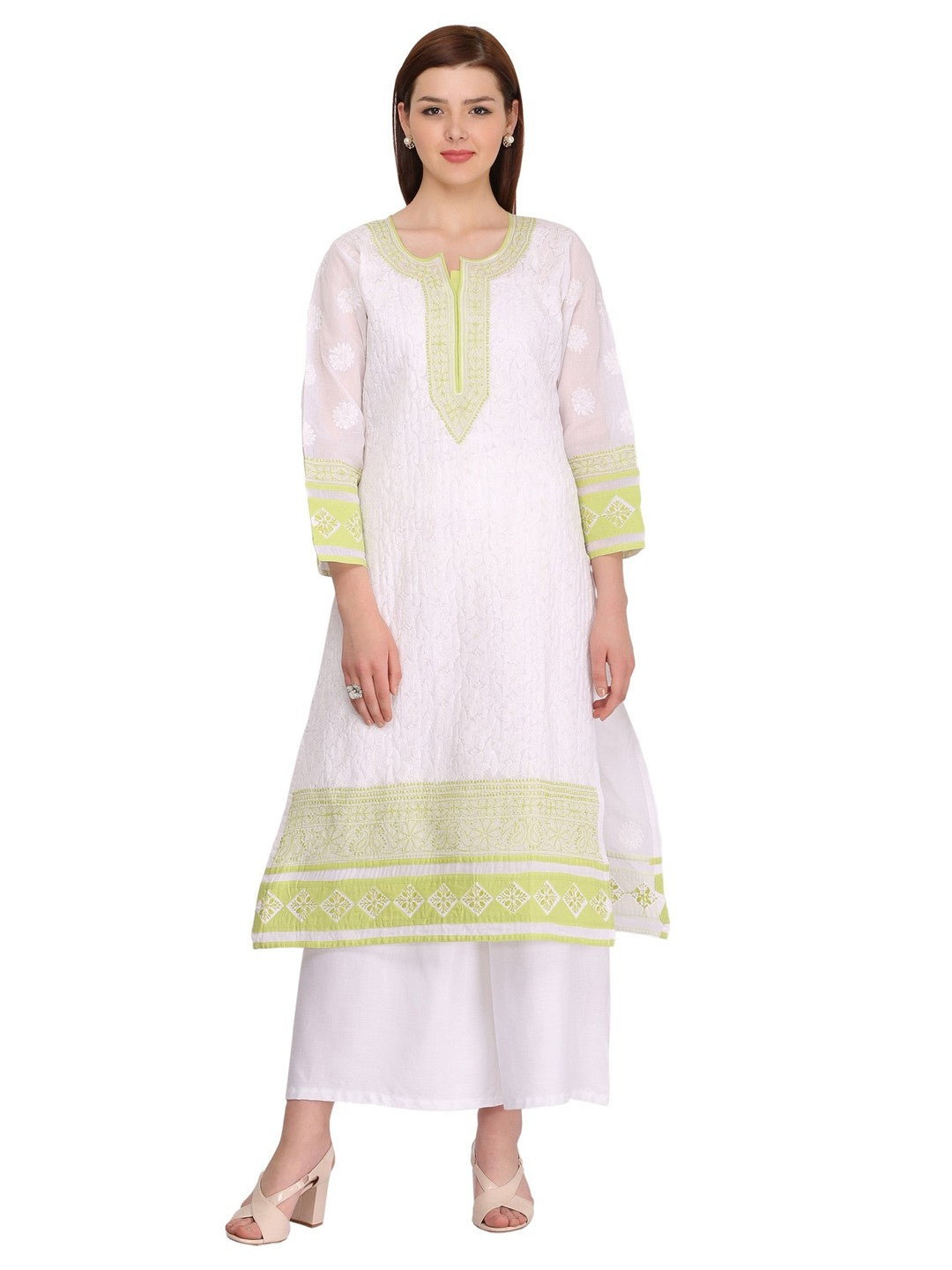 Ada Hand Embroidered White Cotton Lucknowi Chikankari Straight Kurta A273381
