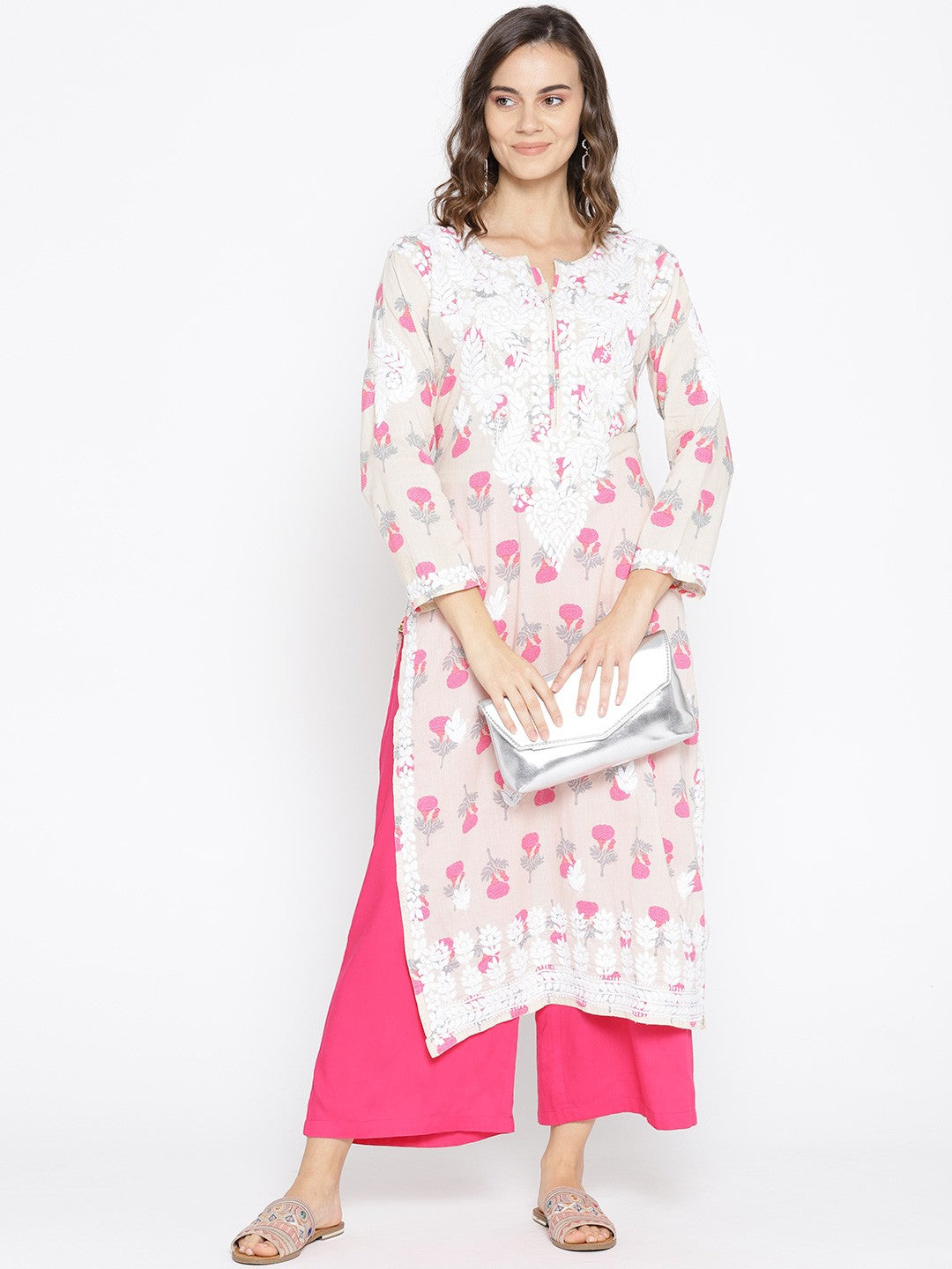 Ada Hand Embroidered Fawn Pink Cotton Lucknow Chikankari Straight Kurta- A100033