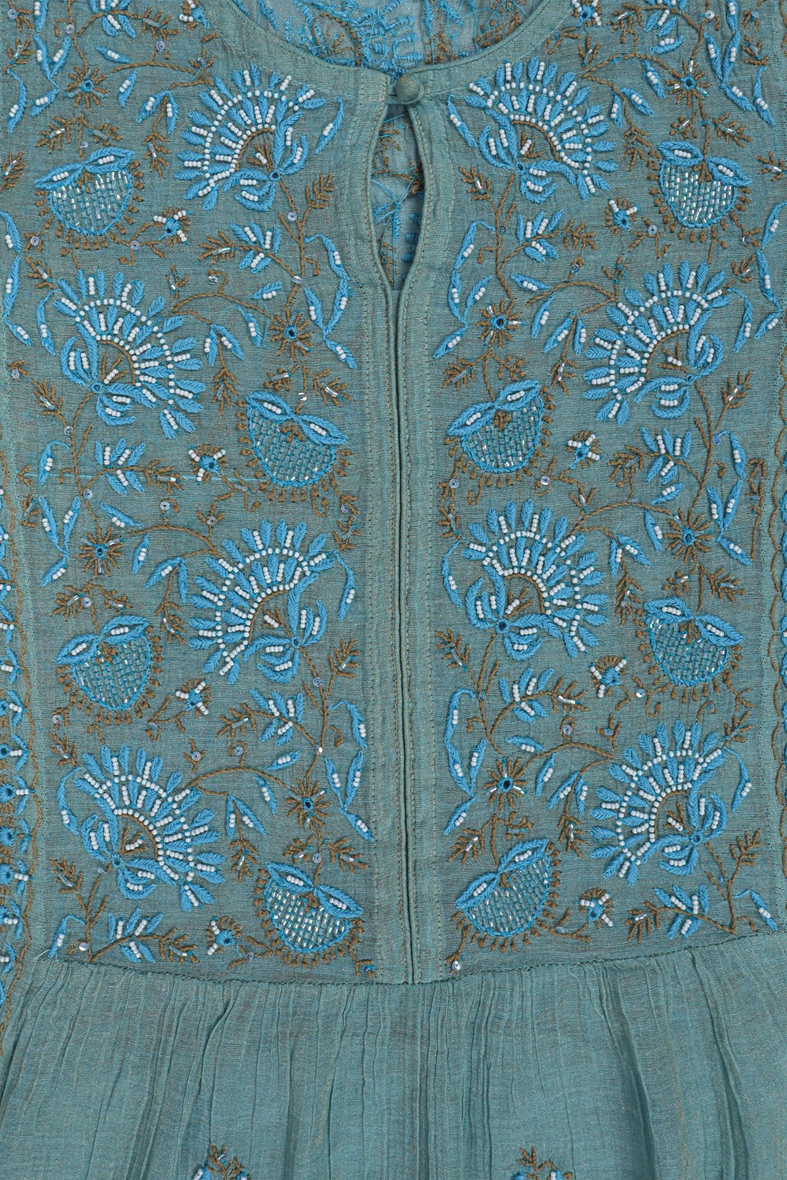 Ada Hand Embroidered Iceberg Blue Chanderi Lucknowi Chikankari Semi-Stitched Anarkali Kurta Dupatta Set With Pearl Work 01A197020