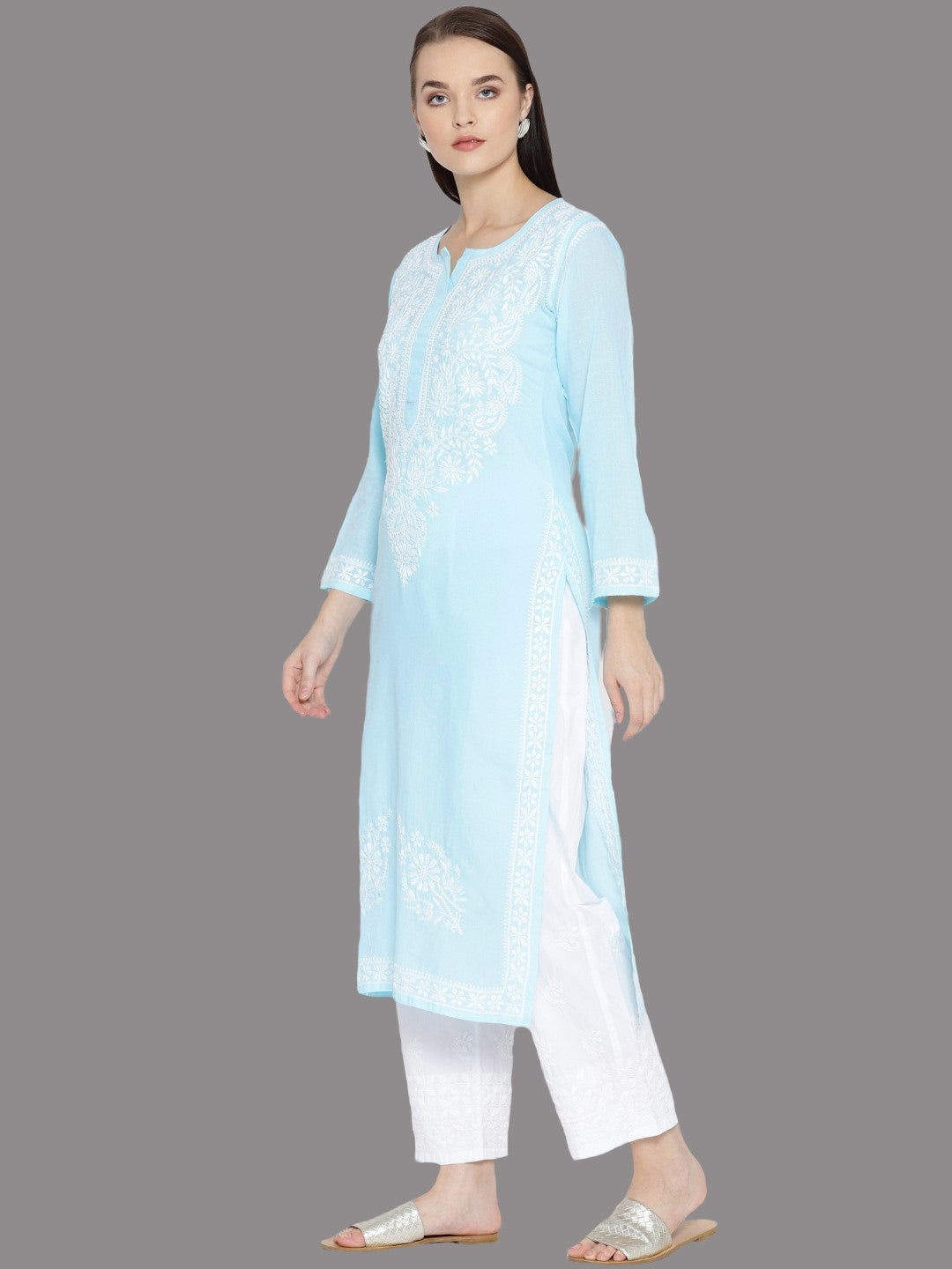 Ada Hand Embroidered Blue/White Cotton Lucknowi Chikankari Kurta Set A100126
