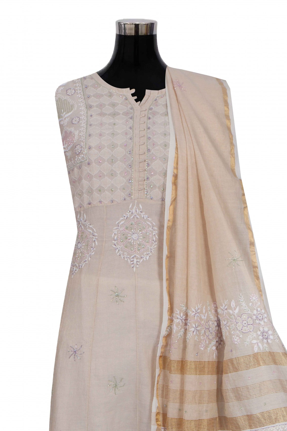 Ada Hand Embroidered Natural Fawn Tissue Lucknowi Chikankari Semi-Stitched Anarkali Kurta Dupatta Set With Cutdana Work 01A187880
