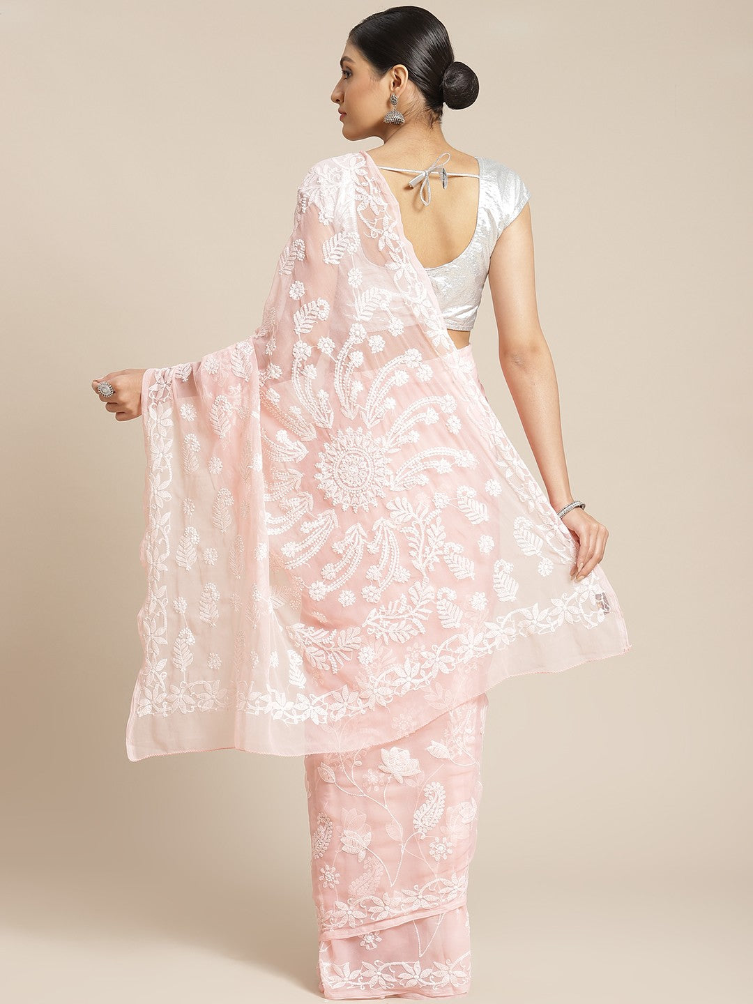 Ada Hand Embroidered Peach Georgette Lucknow Chikan Saree With Blouse-A452096