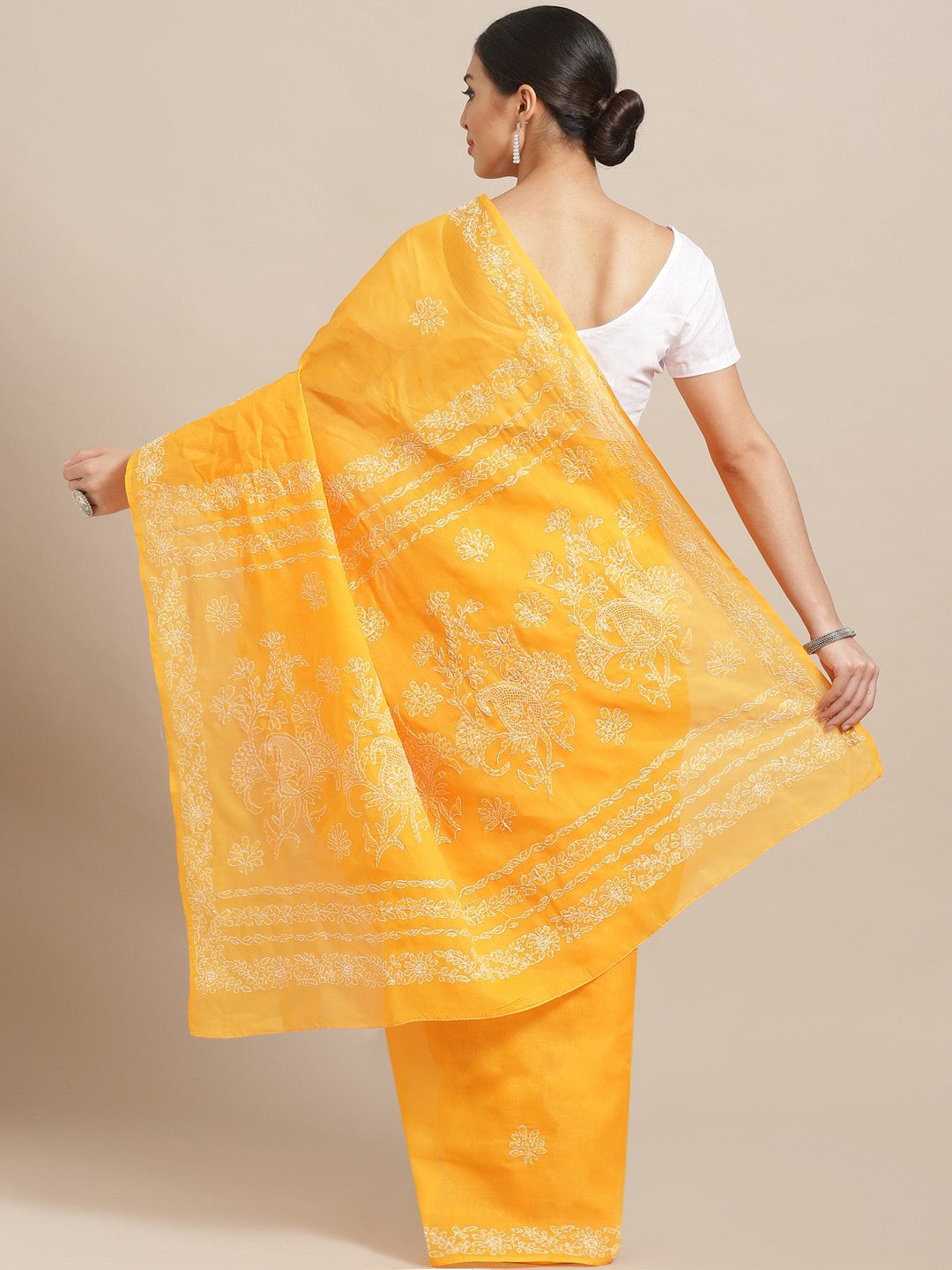 Ada Hand Embroidered Yellow Cotton Lucknow Chikan Saree With Blouse A100541