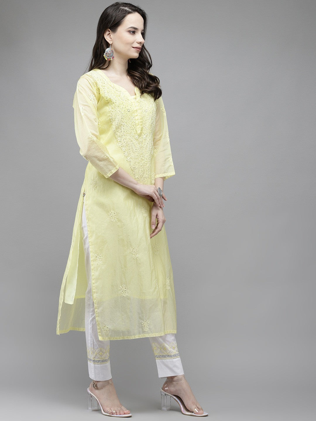 Ada Hand Embroidered Lemon Kota Lucknow Chikankari Straight Kurta/Slip With Muqaish Work A411293