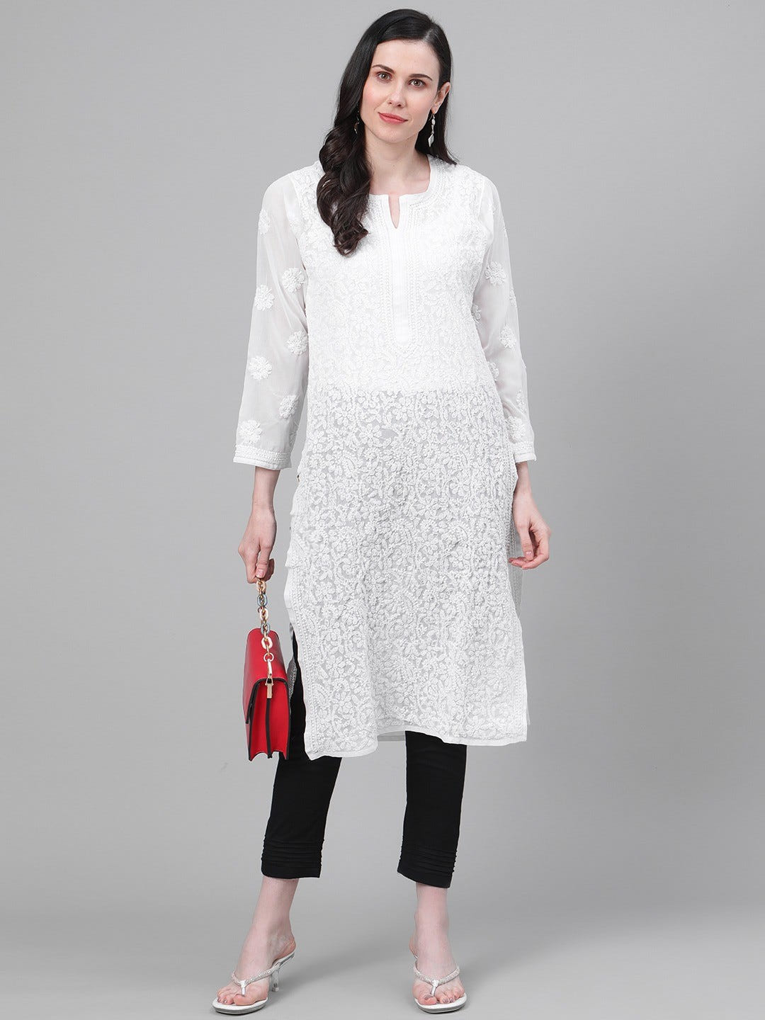 Ada Hand Embroidered White Georgette Lucknowi Chikankari Kurta Straight With Trouser Set A811146