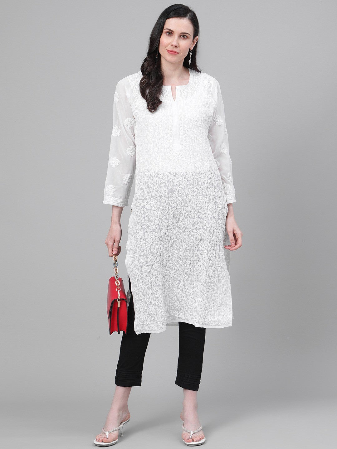 Ada Hand Embroidered White Georgette Lucknowi Chikankari Kurta Straight With Trouser Set A811146