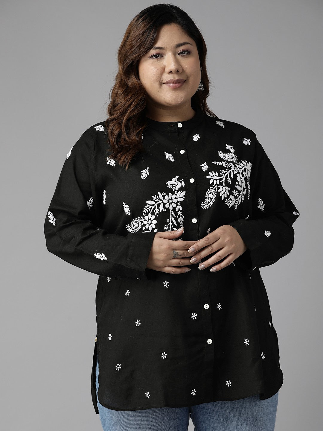 Ada Hand Embroidered Black Cotton Lucknowi Chikankari Short Kurti A911222