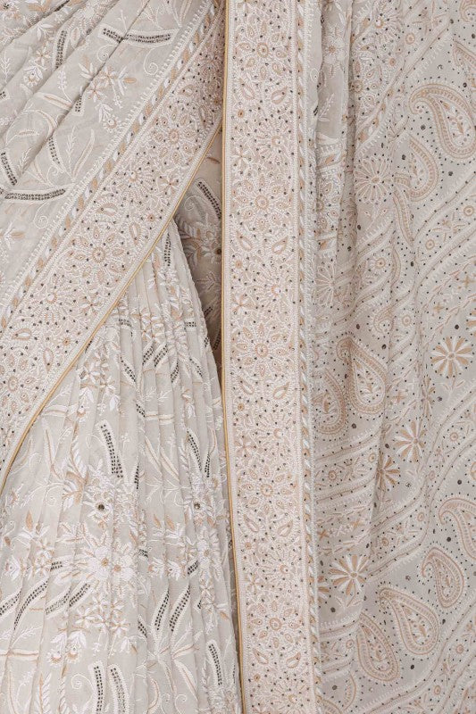 Ada Hand Embroidered Macaroon Cream Pure Georgette Lucknow Chikan Saree/Blouse With Muqaish Work- A61316