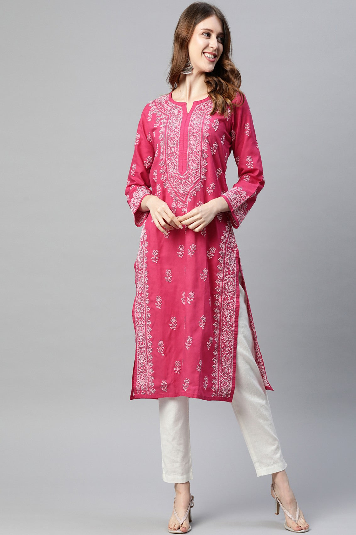 Ada Hand Embroidered Magenta Cotton Lucknowi Chikankari Straight Kurta A220716