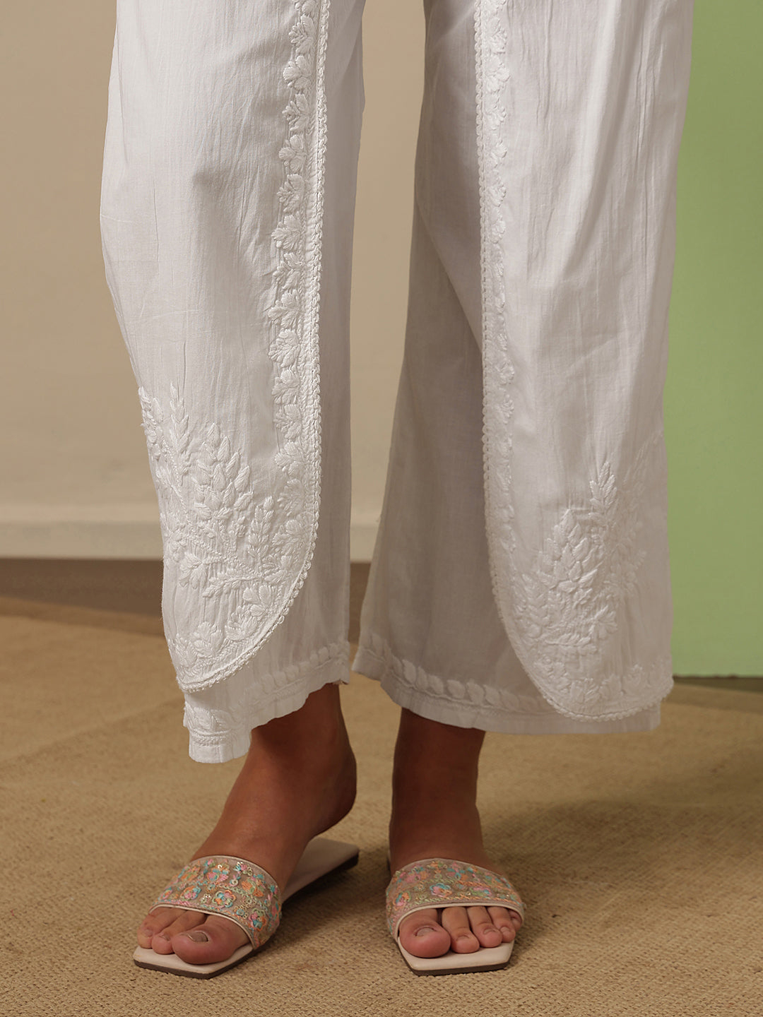 Ada Hand Embroidered White Cotton Lucknowi Chikankari Palazzo A711146