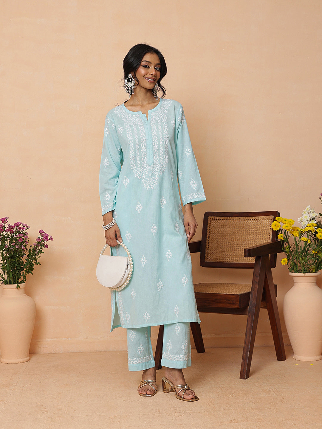 Ada Hand Embroidered Blue Linen Lucknowi Chikankari Co-Ord Set A811385