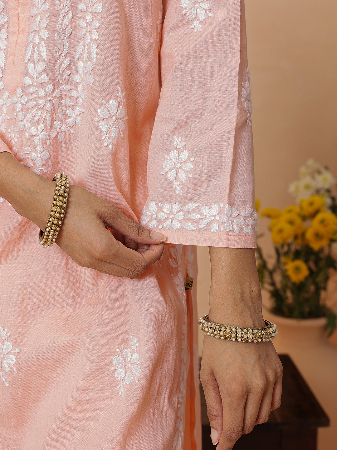 Ada Hand Embroidered Peach Linen Lucknowi Chikankari Co-Ord Set A811387