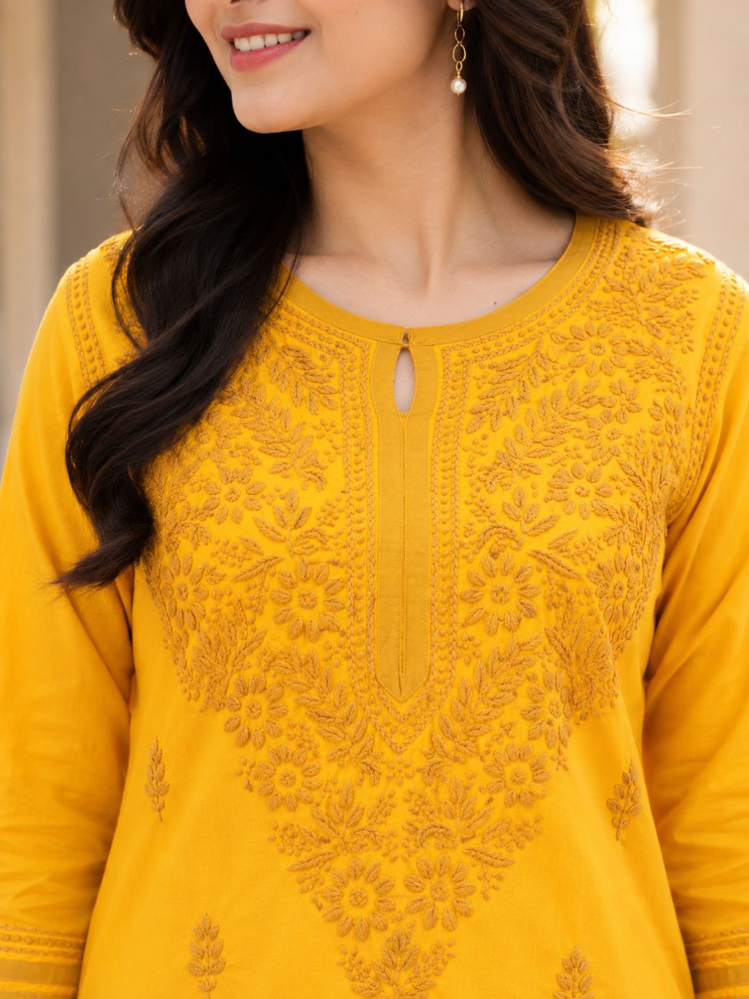 Ada Hand Embroidered Mustard Cotton Lucknowi Chikankari Straight Kurta A223150