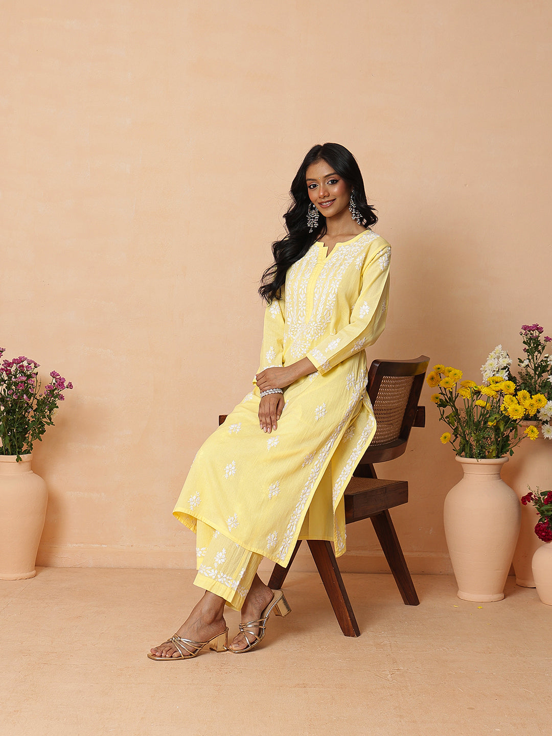Ada Hand Embroidered Yellow Linen Lucknowi Chikankari Co-Ord Set A811388