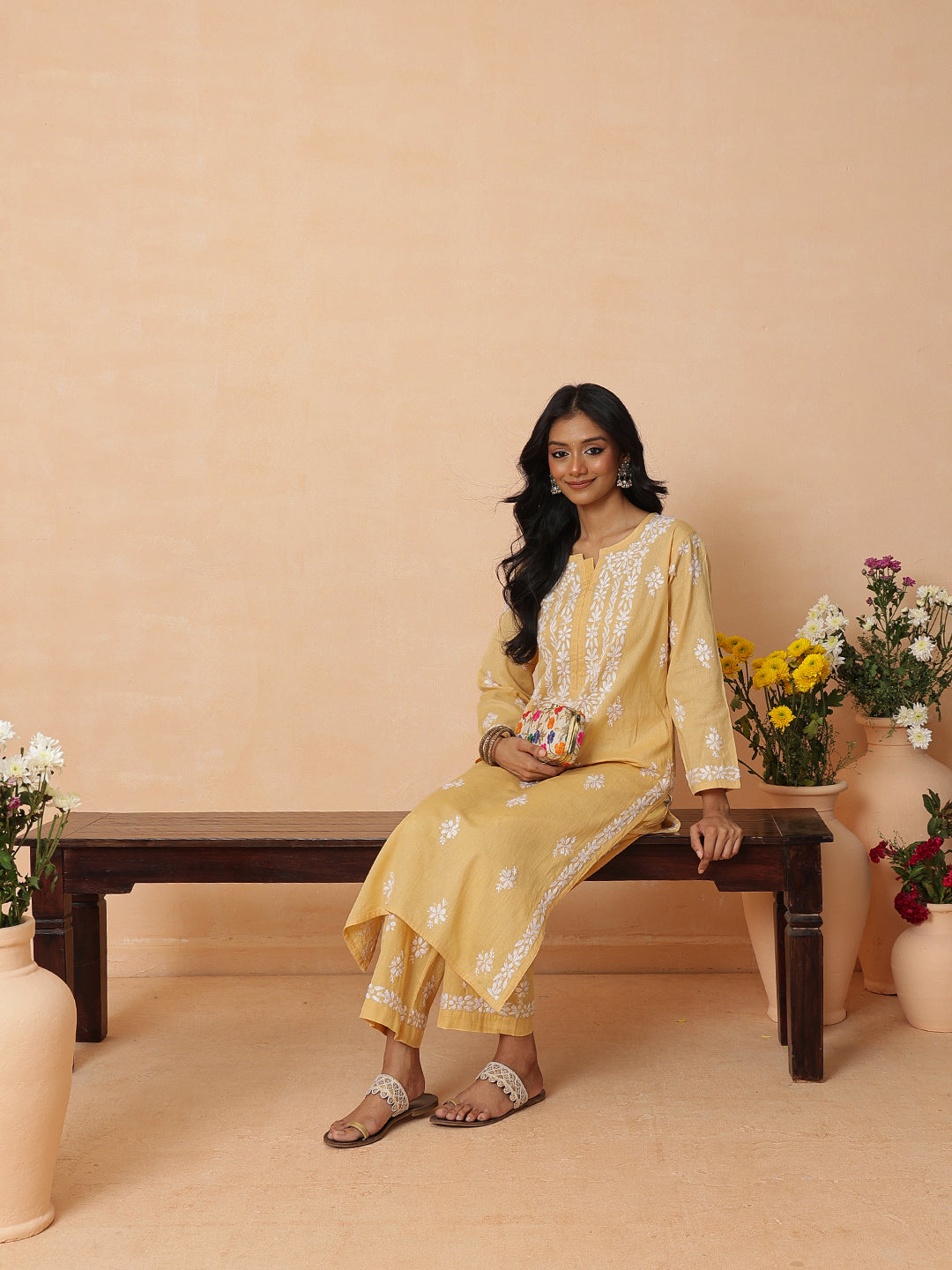 Ada Hand Embroidered Fawn Linen Lucknowi Chikankari Co-Ord Set A811386