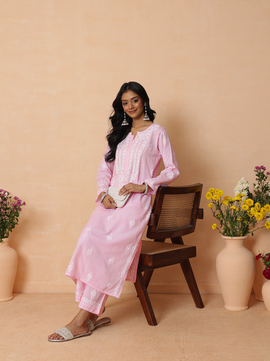 Ada Hand Embroidered Pink Linen Lucknowi Chikankari Co-Ord Set A811389