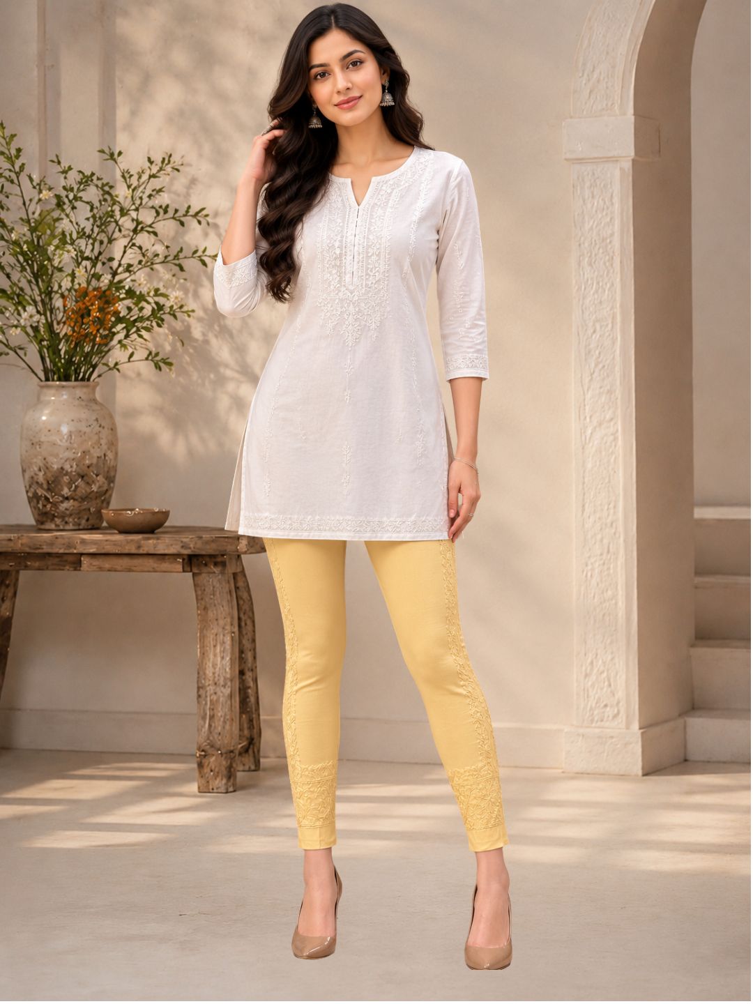 Ada Hand Embroidered Fawn Cotton Lucknowi Chikankari Trouser A359424