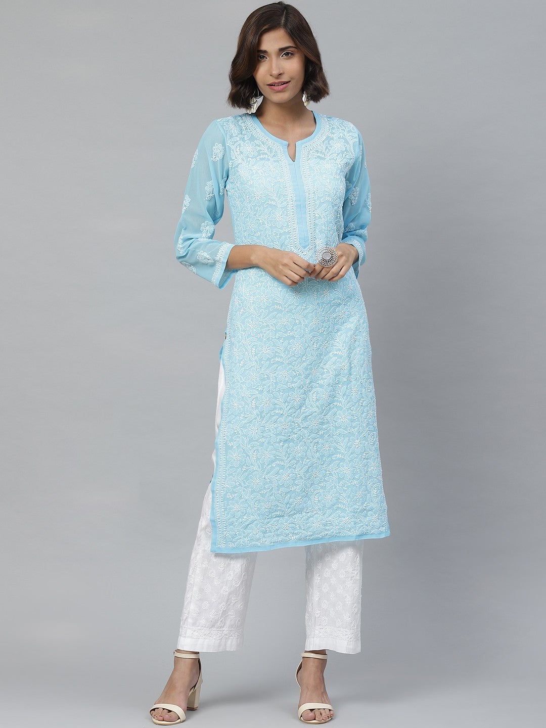 Ada Hand Embroidered Blue Georgette Lucknowi Chikankari Kurta With Palazzo A811124
