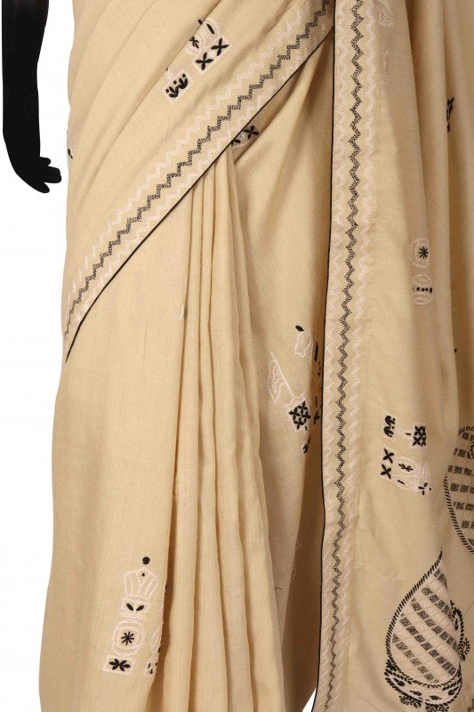 Ada Hand Embroidered Fawn Moonga Silk Lucknowi Chikankari Saree With Blouse A501815