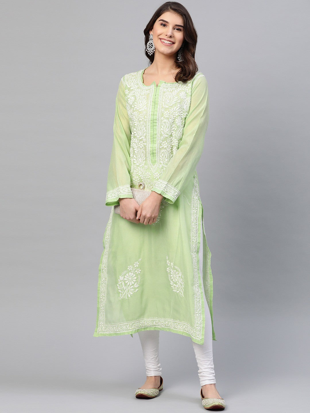 Ada Hand Embroidered Green Chanderi Lucknow Chikan Kurta-A411169