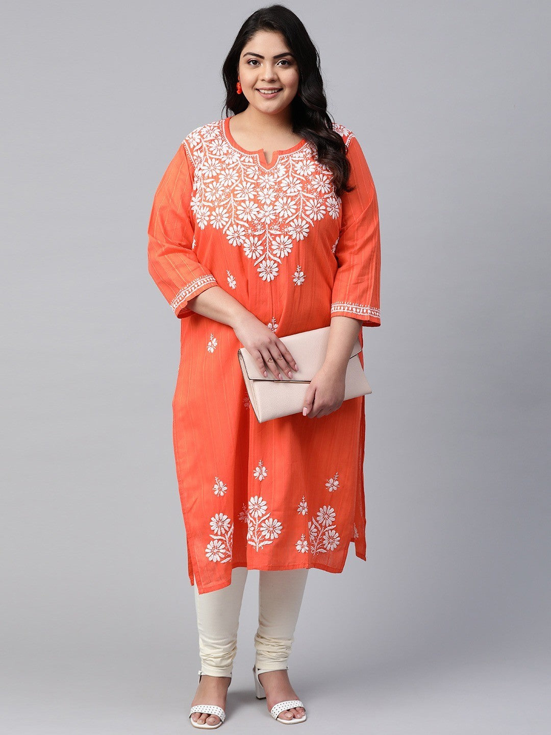 Ada Hand Embroidered Coral Orange Cotton Lucknow Chikankari Kurta A411167