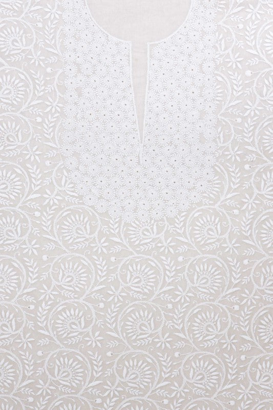 Ada Hand Embroidered White Pure Georgette Lucknowi Chikan Unstitched Kurta Dupatta Set- A257105