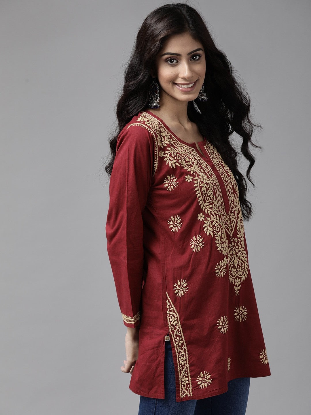 Ada Hand Embroidered Maroon Cotton Lucknowi Chikan Short Kurti A250481