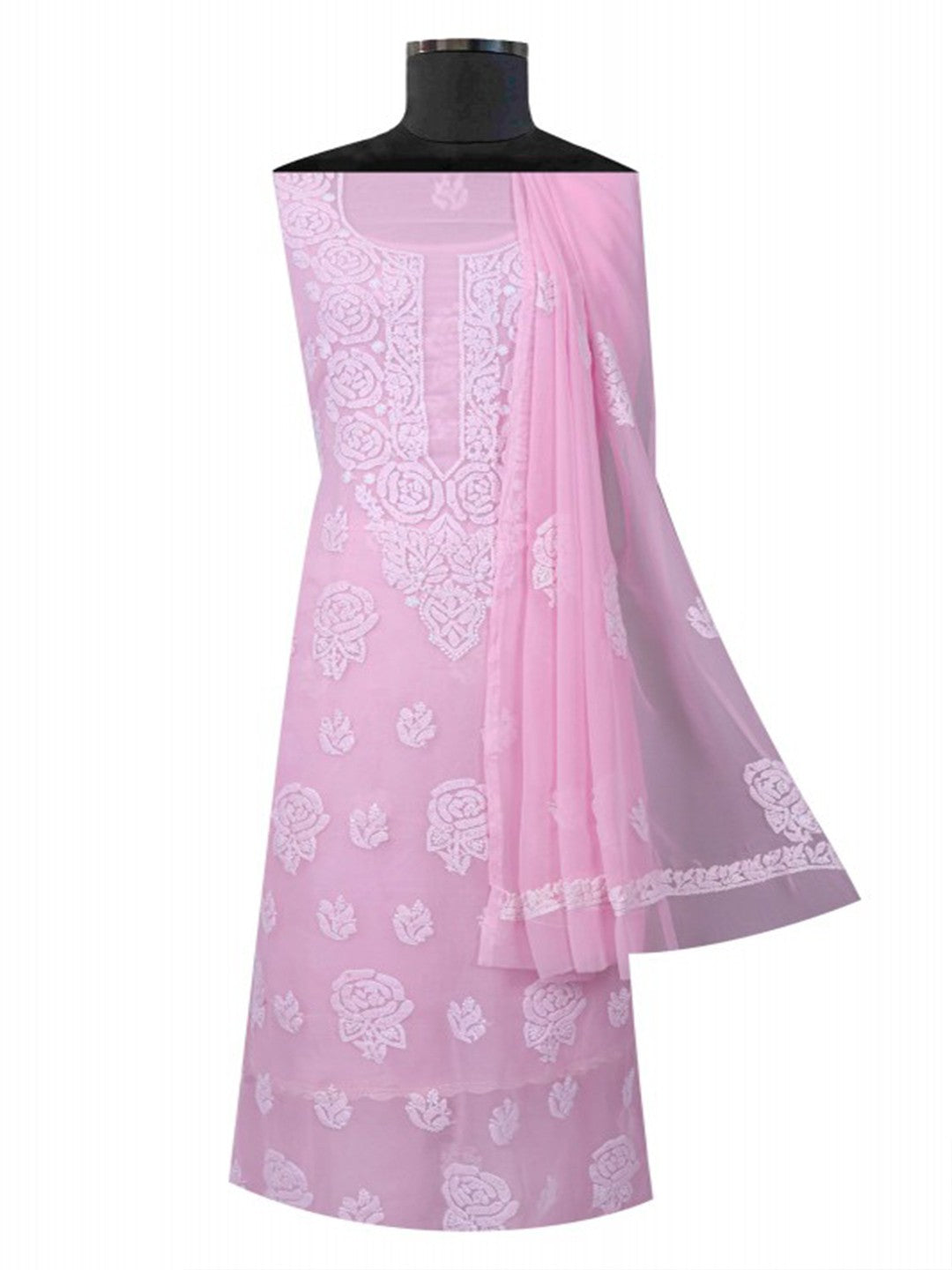 Ada Hand Embroidered Baby Pink Georgette Lucknowi Chikan Unstitched Suit Piece A211215