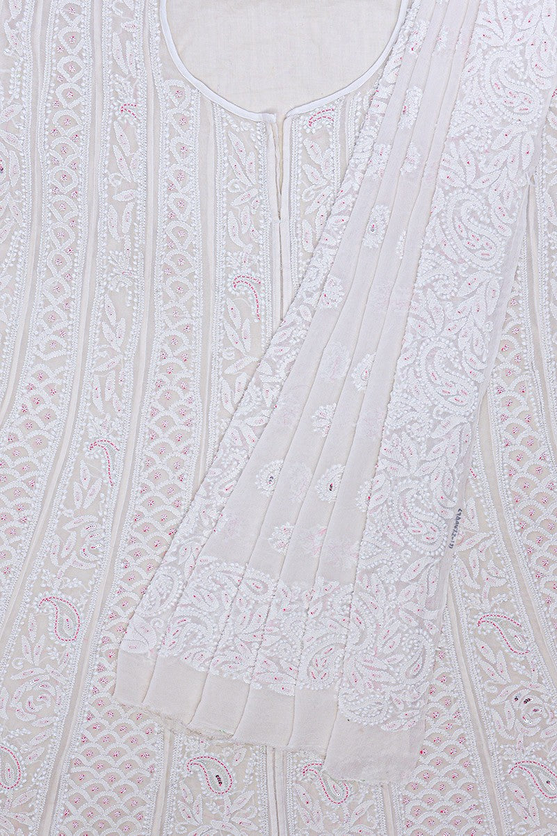 Ada Hand Embroidered White Pure Georgette Lucknowi Chikankari Semi-stitched Anarkali Kurta Dupatta Set With Sequinned & Pearl Work- A623655