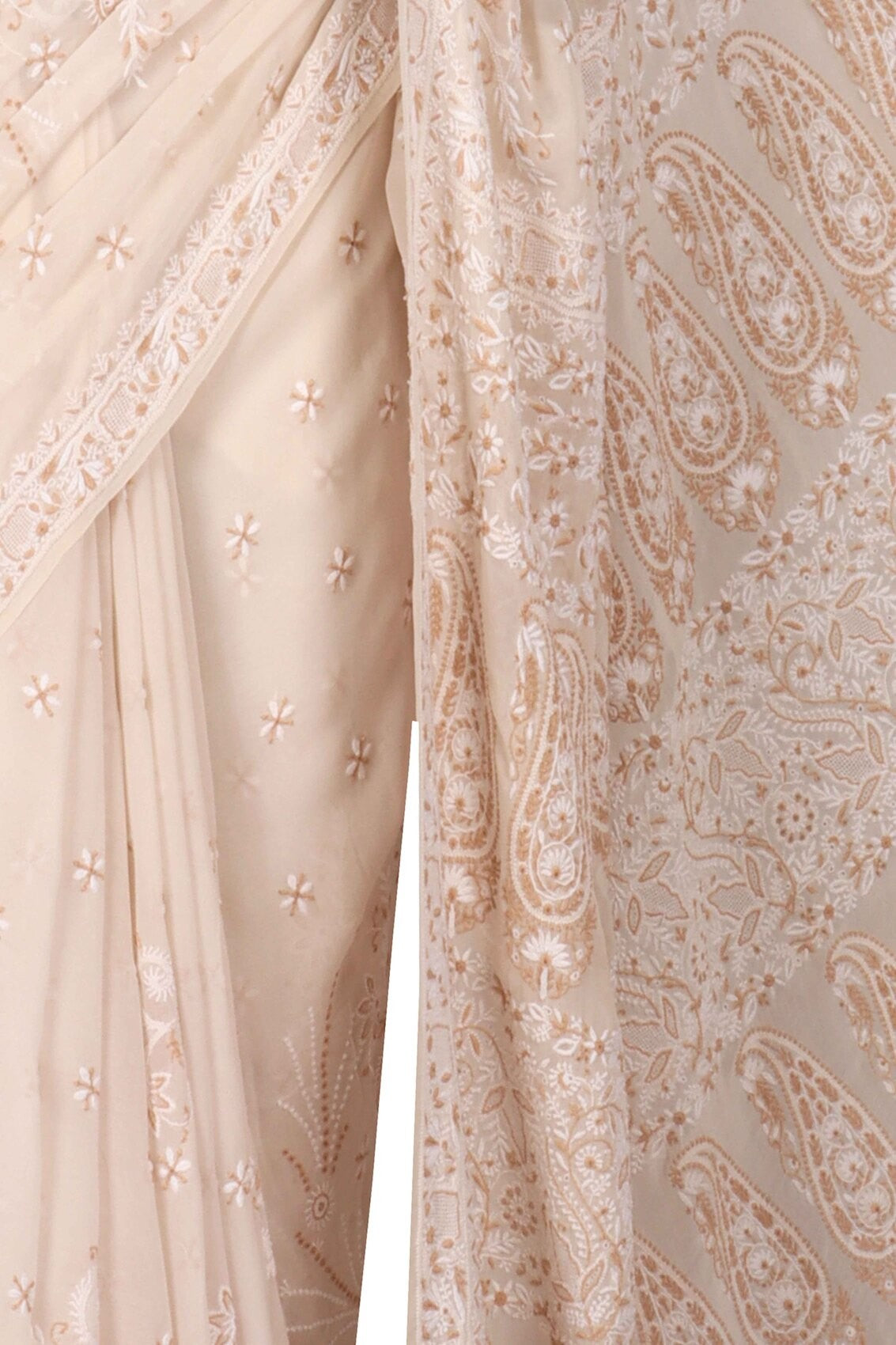 Ada Hand Embroidered Cream Pure Georgette Lucknowi Chikankari Saree with Blouse A275184