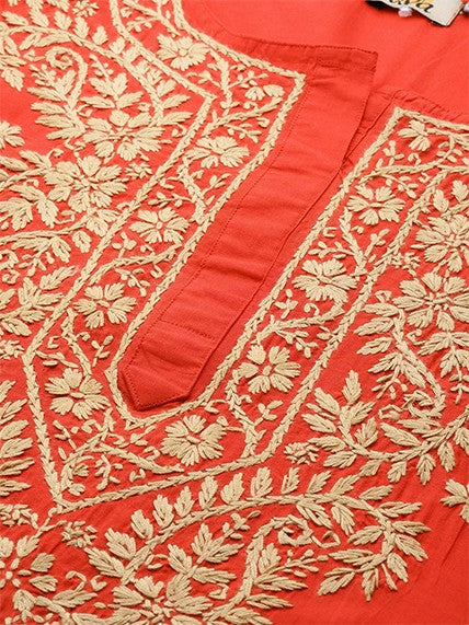 Ada Hand Embroidered Carrot Pink Cotton Lucknowi Chikankari Straight Kurti A250586