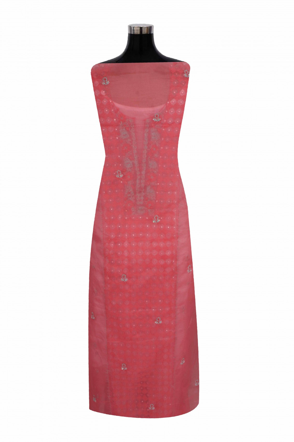 Ada Hand Embroidered Carrot Pink Organza Lucknowi Chikankari Unstitched Kurta Dupatta Set With Cutdana Work 01A121931